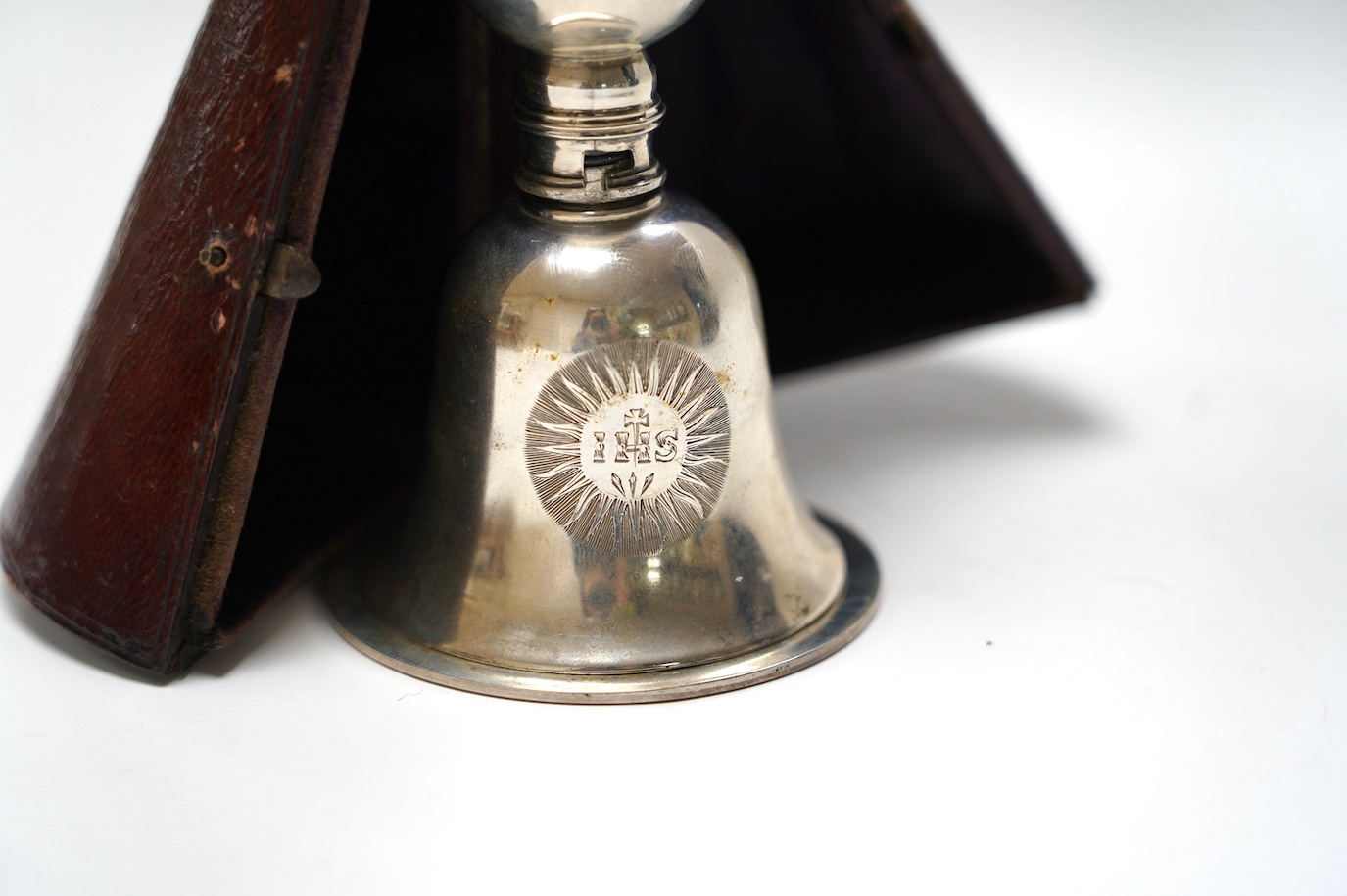 A cased late William IV silver communion chalice and patten, by Joseph & John Angell, London, 1836 (lacking locking piece?). Condition - poor